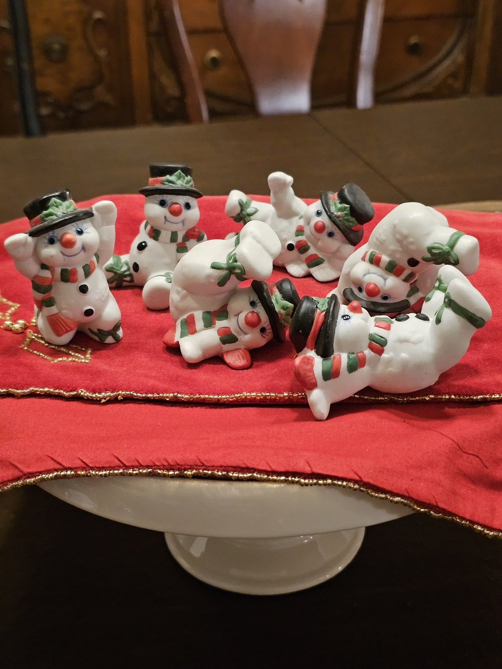 Vintage Ceramic Tumbling Acrobat Snowmen Christmas Figurines - Striped Scarf